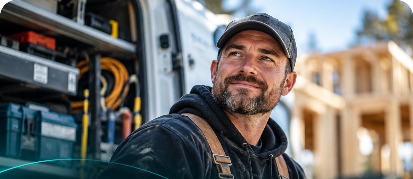 Trades business owner beside a work van